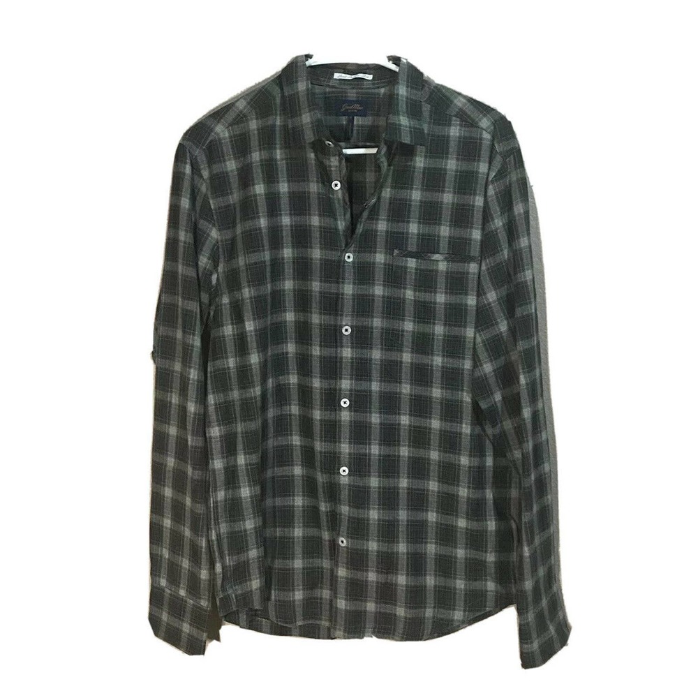 New Goodman Brand Shirt Gray White Plaid Button Front Long Sleeve Small X22
